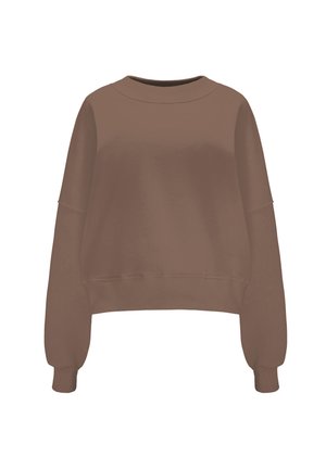 Brązowy skrócony sweatshirt z szerokim dekoltem, opuszczonymi ramionami i długimi rękawami. Wykonany z miękkiego materiału o gładkiej teksturze.