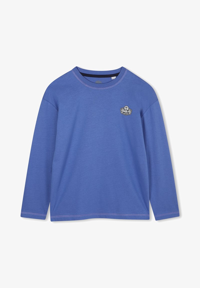 Langarmige blauwe katoenen shirt met een ronde hals en een Timberland-logo patch op de borst. Gladde textuur met ingezette mouwen.