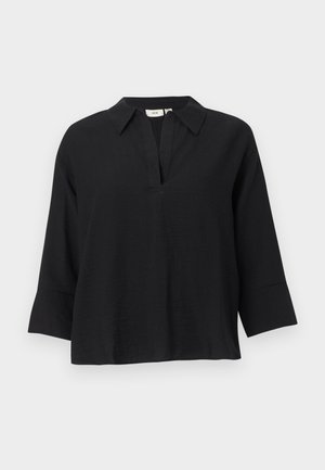 Μαύρο μπλουζάκι με μακριά μανίκια, φαρδιά γιακά και σχίσιμο σε σχήμα V στο λαιμό, με ελεύθερα μανσέτα και άνετη εφαρμογή.