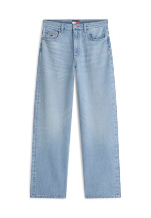 Light blue straight-leg denim jeans with front pockets, belt loops, and a button and zipper closure.