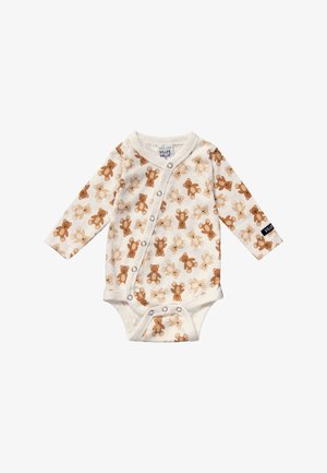 Combinaison blanche à manches longues, ornée d'un motif d'ours en peluche marron. Fermeture à boutons-pression sur le devant. En coton doux.