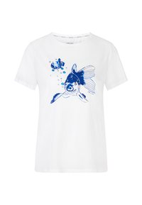 White cotton t-shirt featuring a blue graphic of a goldfish and bubbles, with "SALT" text above. Simple round neck and short sleeves.