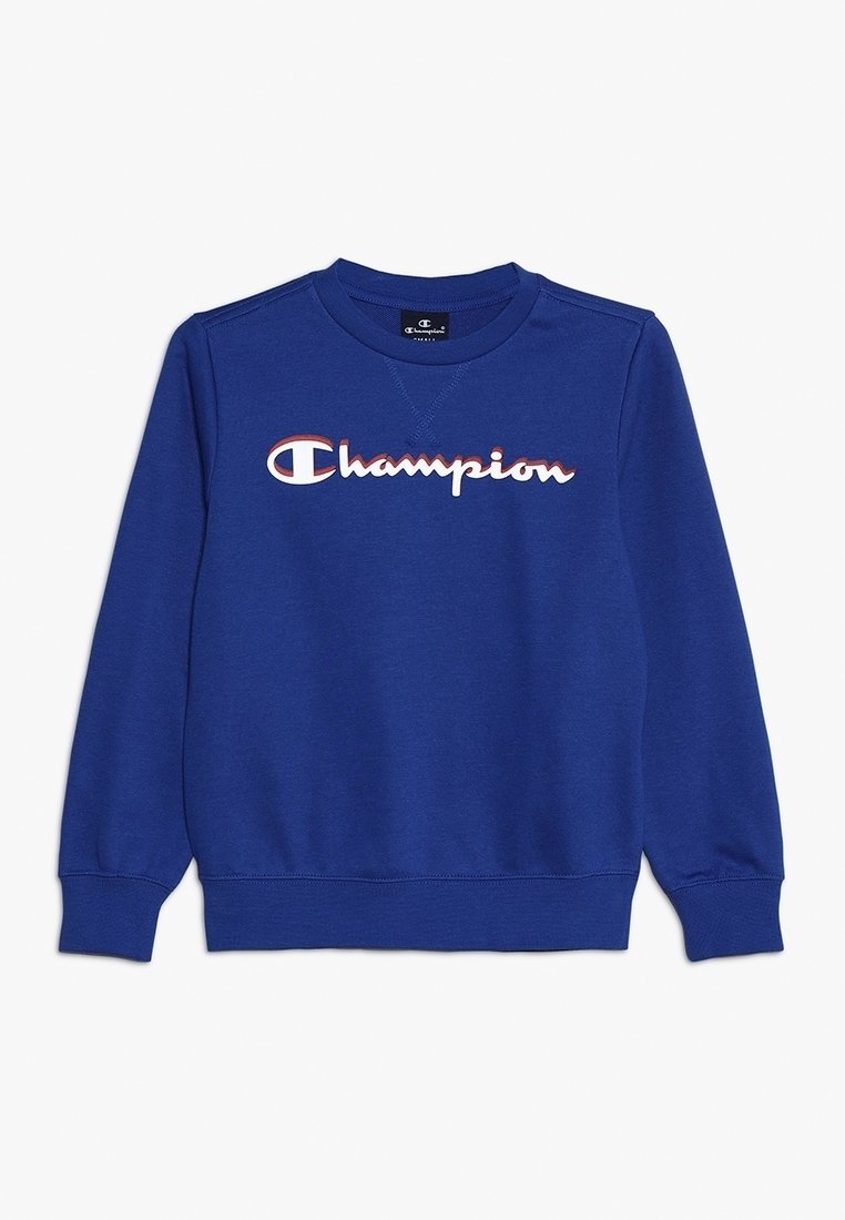 Sweat-shirt Champion bleu à manches longues avec poignets côtelés, col rond et logo Champion blanc et rouge sur la poitrine.