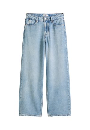 Lichtblauwe denim spijkerbroek met rechte pijpen, voorzijde met knopen en ritssluiting, riemlussen en een ontwerp met vijf zakken.