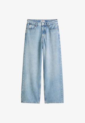 Hellblaue Jeans mit geradem Bein, vorn mit Knopf- und Reißverschluss, Gürtelschlaufen und fünf Taschen.