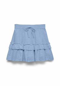 Jupe en lin bleu clair avec un ourlet volan, dotée d'une taille élastique et d'un cordon de serrage. Le tissu a une finition texturée.