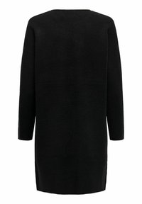 Černé dlouhé šaty s dlouhými rukávy vyrobené z texturované látky, s jednoduchým, volným designem, rovného střihu a kulatým výstřihem.