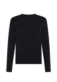 Maglione nero a maniche lunghe in maglia con polsini e orlo a costine, caratterizzato da un collo a giro e una silhouette aderente.