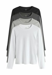 Langärmlige T-Shirts in Weiß, hellgrau, dunkelgrau und Schwarz. Weicher gerippter Stoff mit runden Halsausschnitten. Stapelweise von vorne nach hinten angeordnet.