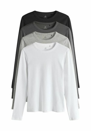 Langärmlige T-Shirts in Weiß, hellgrau, dunkelgrau und Schwarz. Weicher gerippter Stoff mit runden Halsausschnitten. Stapelweise von vorne nach hinten angeordnet.