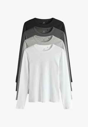 Langärmlige T-Shirts in Weiß, hellgrau, dunkelgrau und Schwarz. Weicher gerippter Stoff mit runden Halsausschnitten. Stapelweise von vorne nach hinten angeordnet.