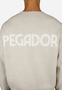 Jasnoszary sweter o miękkim, teksturowanym wykończeniu. Z tyłu znajduje się napis "PEGADOR" w dużych, białych, puszystych literach.