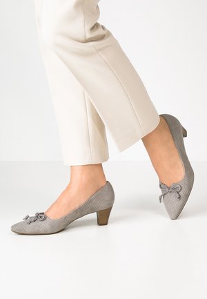 Grijze gestreepte schoenen met lage hak en een spitse neus, voorzien van een decoratieve strik aan de voorkant, met een gestructureerd bovenwerk en houten hak.