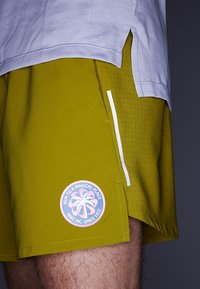 Grüne Sportshorts mit gestreifter Textur, seitlicher weißer Einsatzt, und einem runden Logo-Patch mit einer Palme und Text in Pink und Blau.