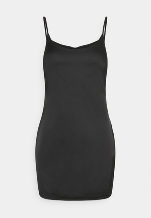 Black sleeveless slip dress with thin straps and a straight neckline against a plain light background.