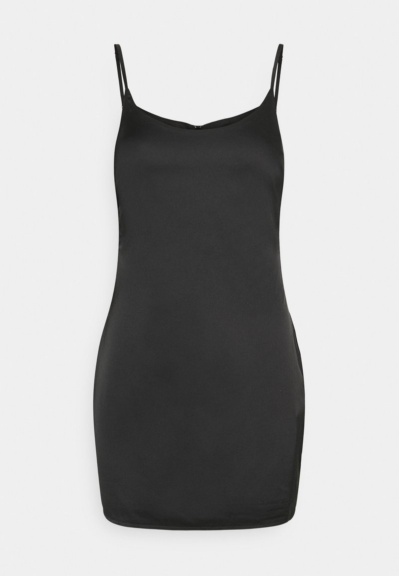 Robe nuisette noire sans manches avec fines bretelles et encolure droite sur un fond clair uni.