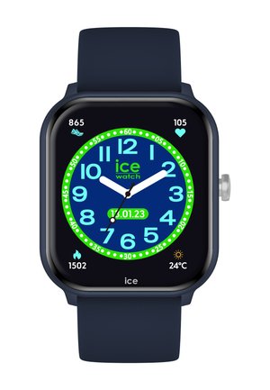 Navy silicone smartwatch with a rectangular face. Features a digital display with a blue background, vibrant green and blue numbers, and multiple icons.
