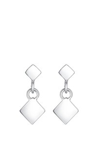 Sølv hængeøreringe med et geometrisk design, der har en diamantformet top og en større diamantformet dråbe, begge polerede og glatte.