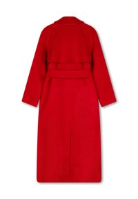 Rode knie-lange jas met een overslagontwerp, lange mouwen, taille met ceintuur en een brede kraag. Soepele stof zonder zichtbare patronen of hardware.