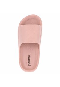 Pink slip-on sandal with textured upper, wide strap, and contoured footbed. Logo on footbed. Made from durable, lightweight material.