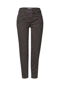 Slim-fit dark gray pants with black leopard print, front pockets, and double-button closure at the waist.