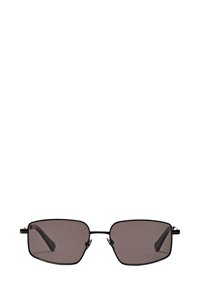 Obdélníkové sluneční brýle s tmavě šedými čočkami, tenkým černým kovovým rámem, jemným zdobením na nožičkách a lehkým designem.