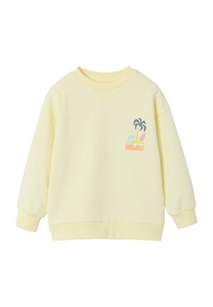 Light yellow toddler sweatshirt with palm tree, surfboard, and wave graphic above "Hawaii" text on front left side.