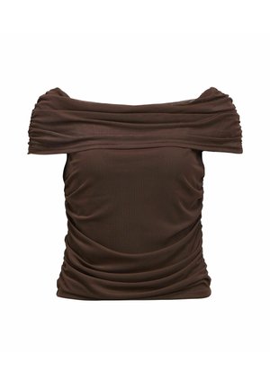 Brun off-shoulder rynket dametopp med brettet halsringning og innsvingt midje.