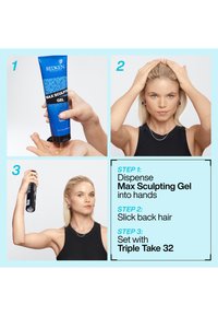 Blauwe tube van Max Sculpting Gel met zwart-witte tekst. Drie-stappen haartstylingproces weergegeven met een model dat gel aanbrengt en haarlak vasthoudt.