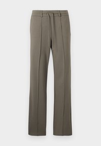 Pantalon droit marron clair avec plis à l'avant et taille élastique à cordon de serrage.