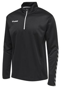 Maglietta atletica nera a maniche lunghe con collo a mezza zip, tessuto testurizzato e logo bianco a contrasto sul petto e motivo a chevrons sulle maniche.