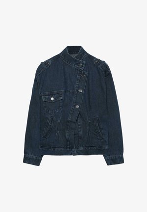 Dark denim jacket with asymmetrical button closure, one flap chest pocket, two side pockets, and buttoned shoulder epaulets.