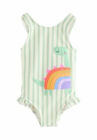 Grün-weiß gestreifter Kinderbadeanzug mit einem Dinosaurierdesign, das bunte Regenbogenakzente und Rüschenbesatz an den Beinen aufweist.