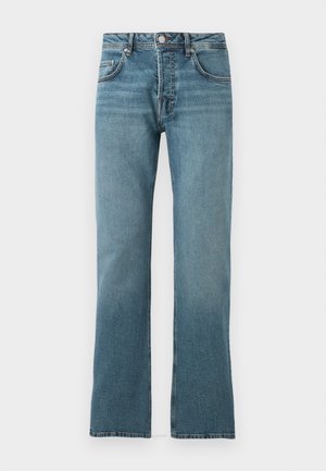 Modre kavbojke z ravnimi hlačnicami, spredaj z gumbi in zadrgo, z zankami za pas in dvema sprednjima žepoma.