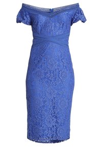 Modré krajkové midi šaty s odhalenými rameny, výstřihem do V a dekorativním detailem v pase.