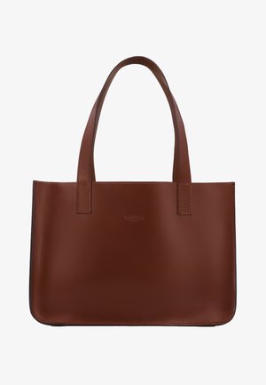 Pruun nahast ostukott kahe käepidemega, sileda tekstuuriga, ristkülikukujuline, vähene õmblus ja esiküljel reljeefne logo.