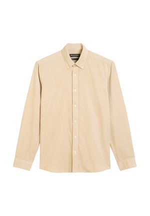 Beige corduroy overhemd met lange mouwen, knoopsluiting en een button-down kraag, voorzien van een label op de voorkantzak.