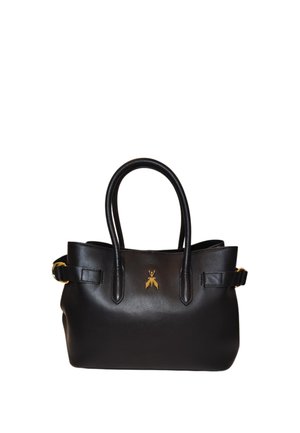 Borsa a mano in pelle nera con doppio manico, emblema d'insetto dorato sul davanti e dettagli con cinturino laterale a fibbia.