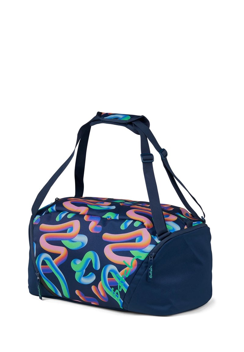 Marinefarbener Duffelbag mit einem bunten abstrakten Muster in Grün, Pink und Blau. Verfügt über zwei verstellbare Tragegurte und Reißverschlussfächer.