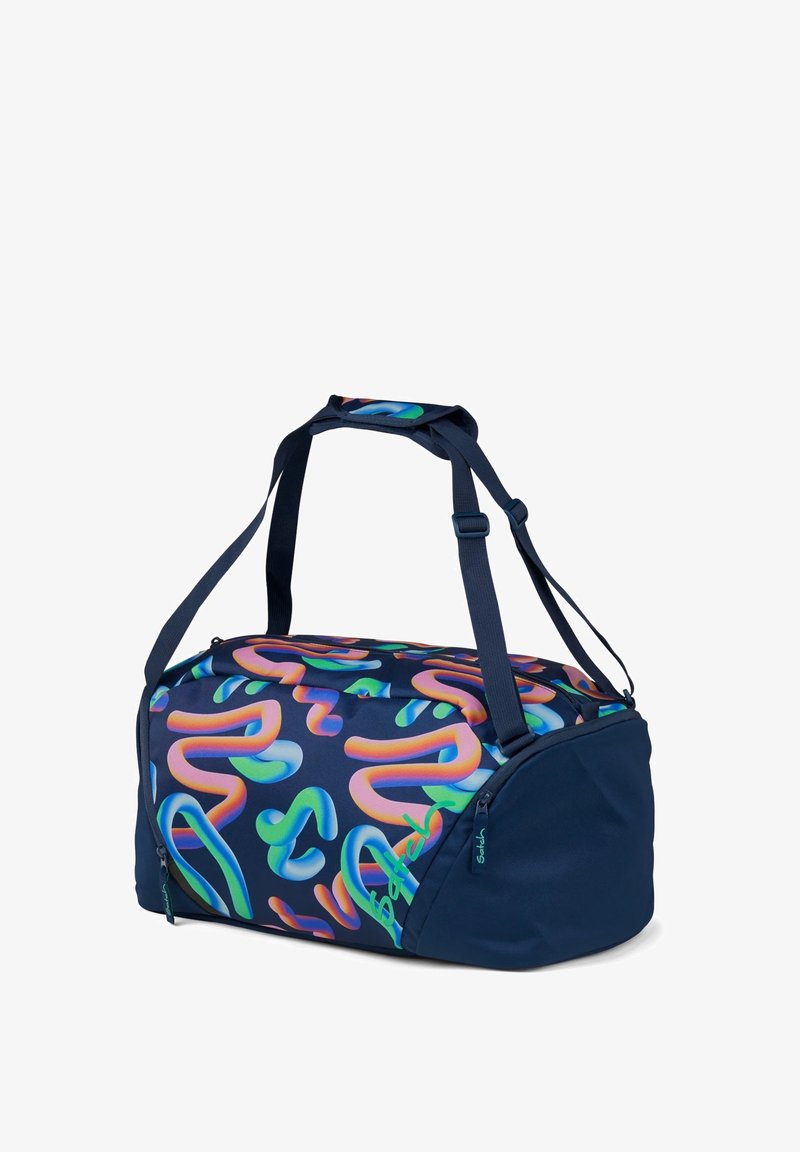 Marinefarbener Duffelbag mit einem bunten abstrakten Muster in Grün, Pink und Blau. Verfügt über zwei verstellbare Tragegurte und Reißverschlussfächer.