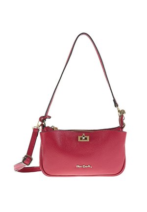 Sac bandoulière en cuir rouge avec une finition texturée, une quincaillerie dorée et une fermeture éclair. Dispose d'une bandoulière amovible.