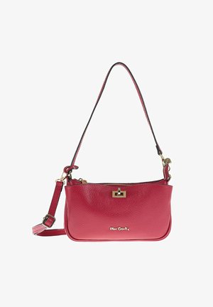 Red leather crossbody bag with a textured finish, gold hardware, and a zip closure. Features a detachable shoulder strap.