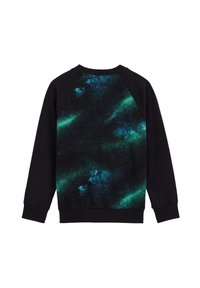 Felpa nera con stampa galattica sul retro, caratterizzata da tonalità di verde e blu, maniche raglan e collo e polsini a coste.
