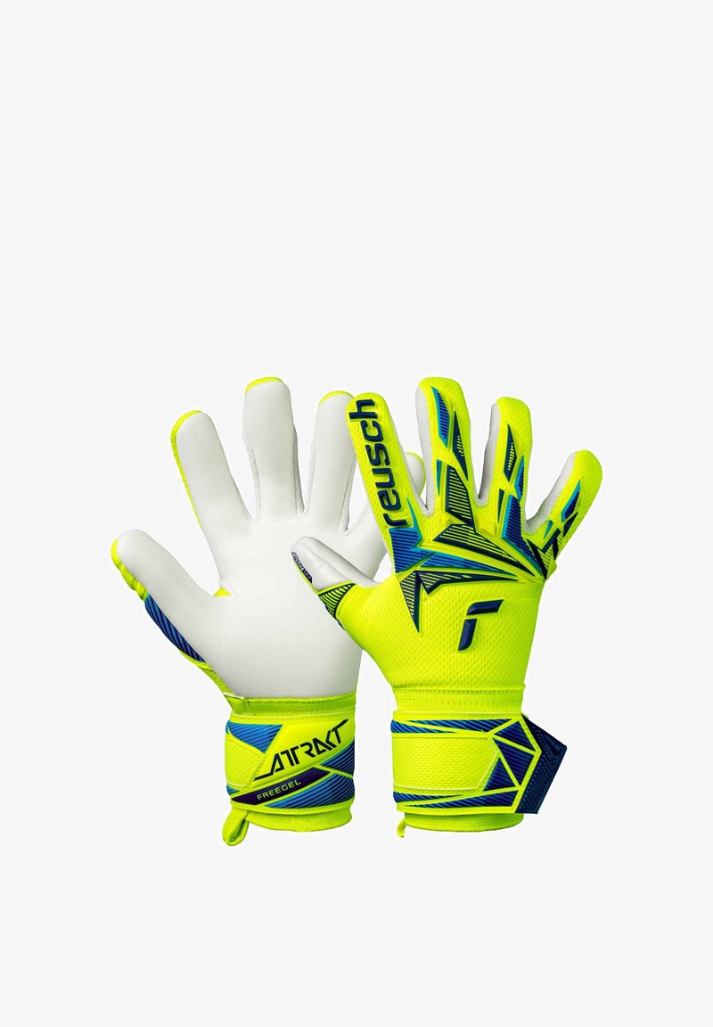 Gants de gardien de but en jaune vif avec paumes en latex blanc. Présentent des accents géométriques bleu et noir, un dos texturé et des sangles ajustables au poignet.