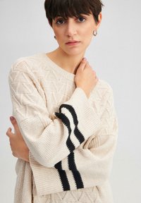 Beige gebreide sweater met geometrische textuur, voorzien van zwarte strepen op de mouwen. Ribgebreide manchetdetails en een klassieke ronde hals.