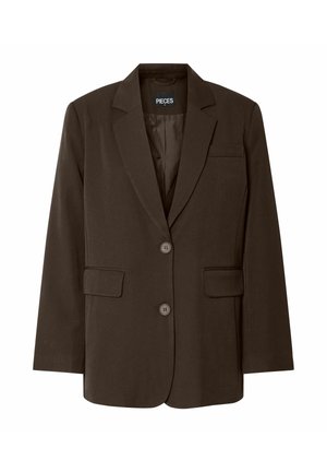 Blazer marron à boutonnage simple, avec deux poches avant, revers cranté et fermeture à bouton. Texture de tissu lisse. Étiquette de marque visible.