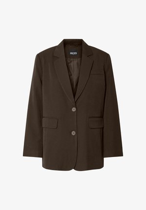 Smeđi sako s jednim dugmetom, dva prednja džepa, reveri i zatvaranje na dugme. Glatka tekstura tkanine. Vidljiva oznaka branda.