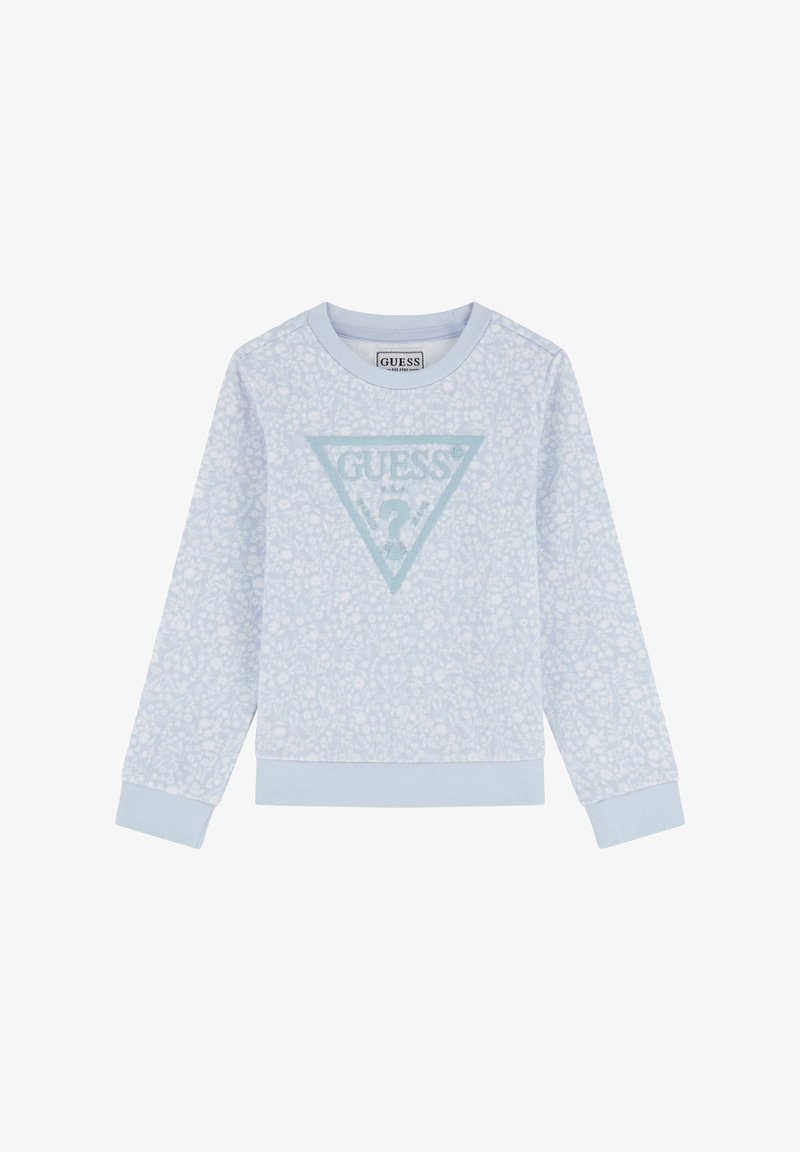 Svijetloplavi dukserica s cvjetnim uzorkom, sa trokutastim logotipom u središtu. Rebrasti manžeti i rub, dizajn s okruglim izrezom.