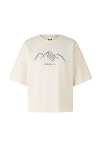 Creme t-shirt med korte ærmer, prydet med et gråt bjergmotiv og "BOGNER" tekst nedenfor. Enkel, afslappet pasform design.