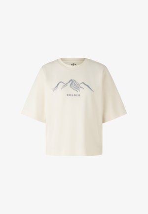 Cream t-shirt with short sleeves, featuring a gray mountain graphic and "BOGNER" text below. Simple, relaxed fit design.